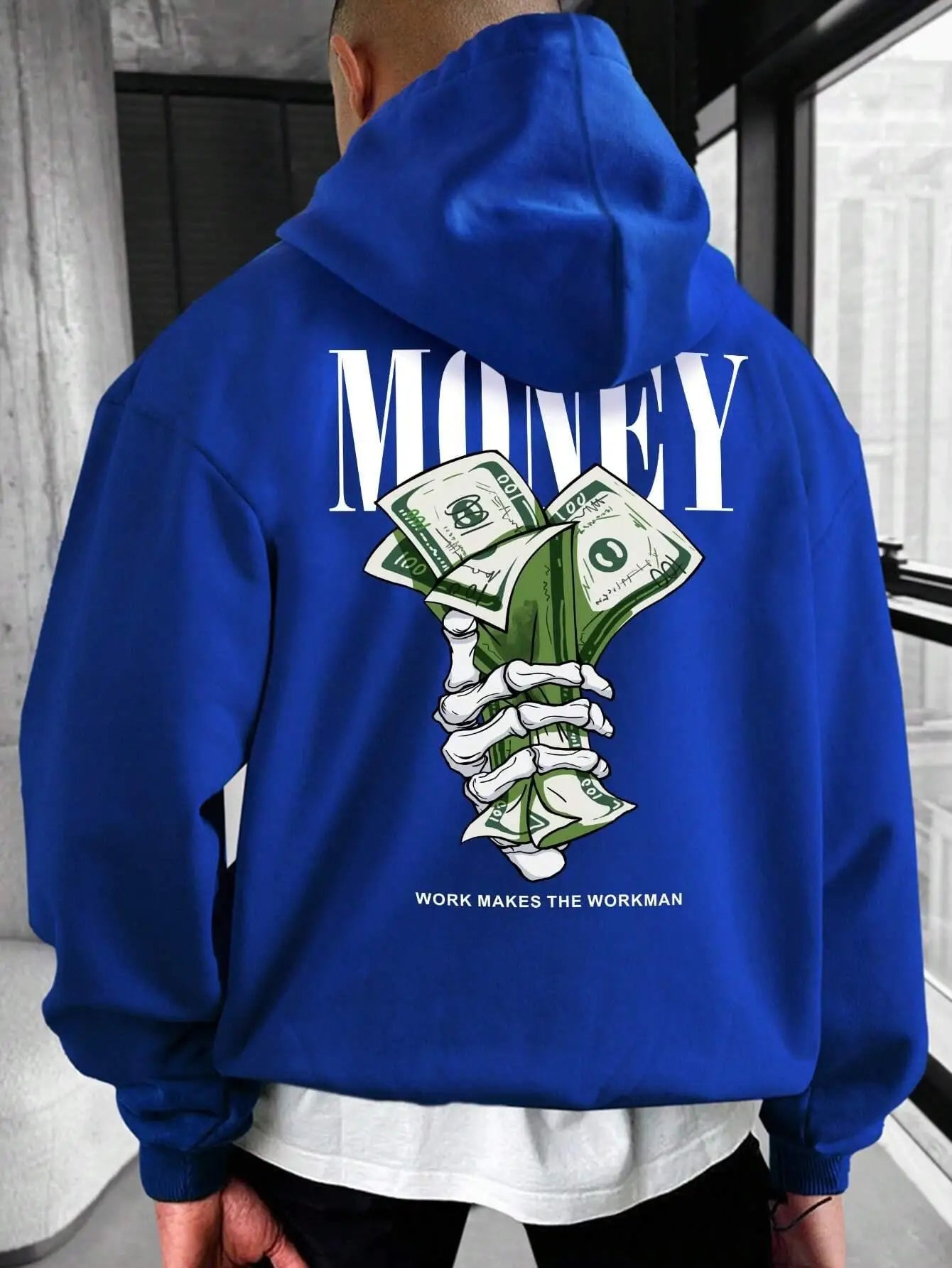 Street Trend Letter Money Printing Hoodie For Men Pocket Drawstring Pullovers Fleece Warm Sweatshirts Autumn Comfortable Clothes