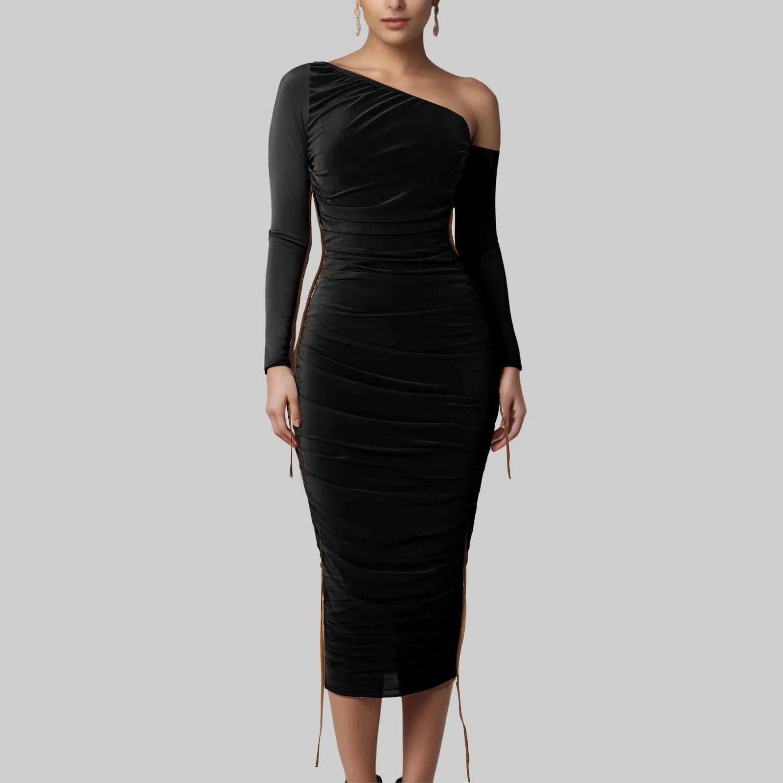 Women Sexy Mesh Slanted Shoulder Dress Elegant Long Sleeve Bodycon Ruched Dress Side Drawstring Slim Fit Club Party Dresses