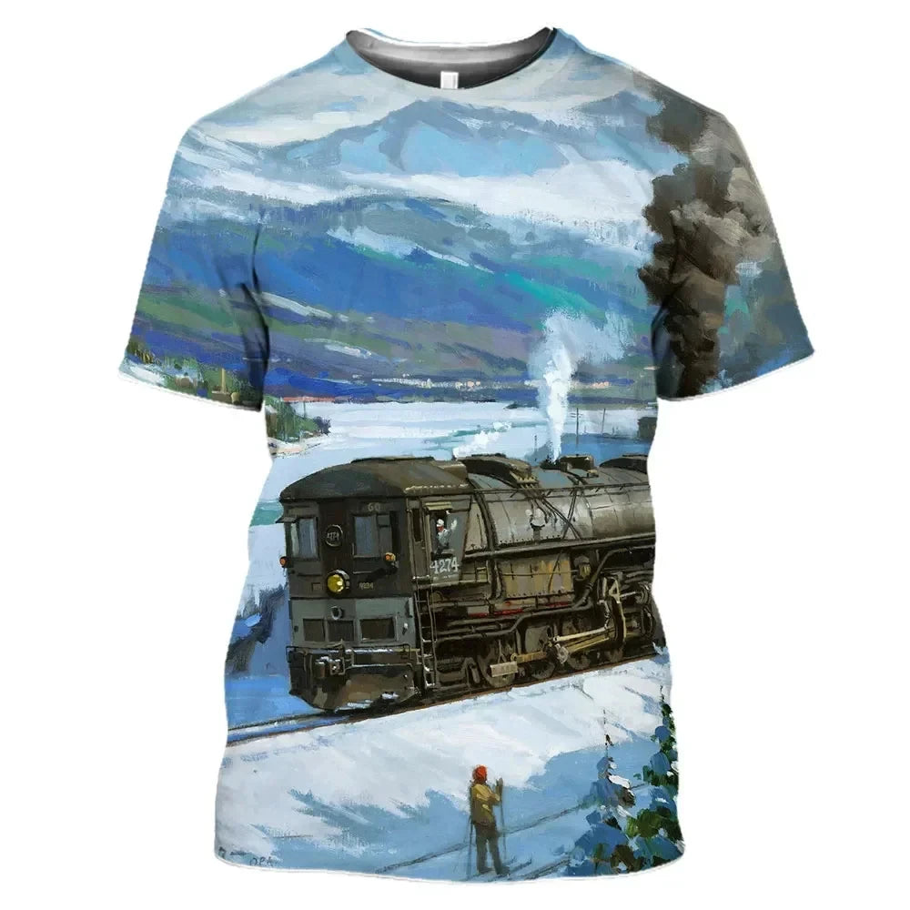 New Vintage Train Pattern 3D Print Summer Men's O-Neck T-shirt Casual Short Sleeve Fashion trend T-shirt Men's Street Clothing