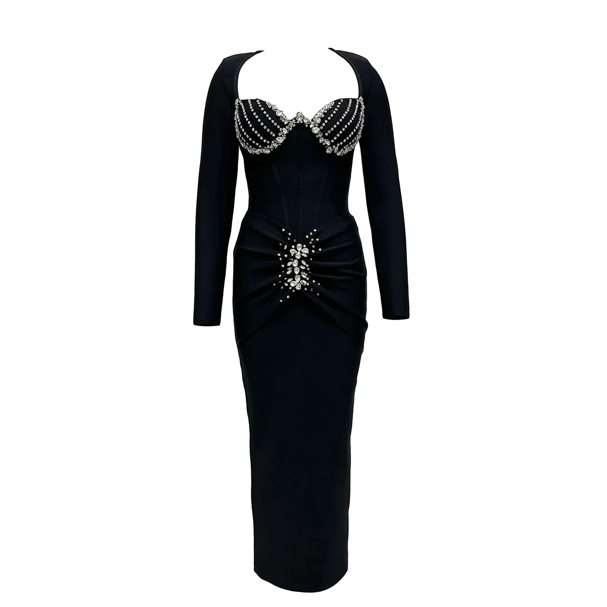 Women Sexy Beading Bandage Dress Long Sleeve Bodycon Clothes Celebrity Party Elegant Dresses