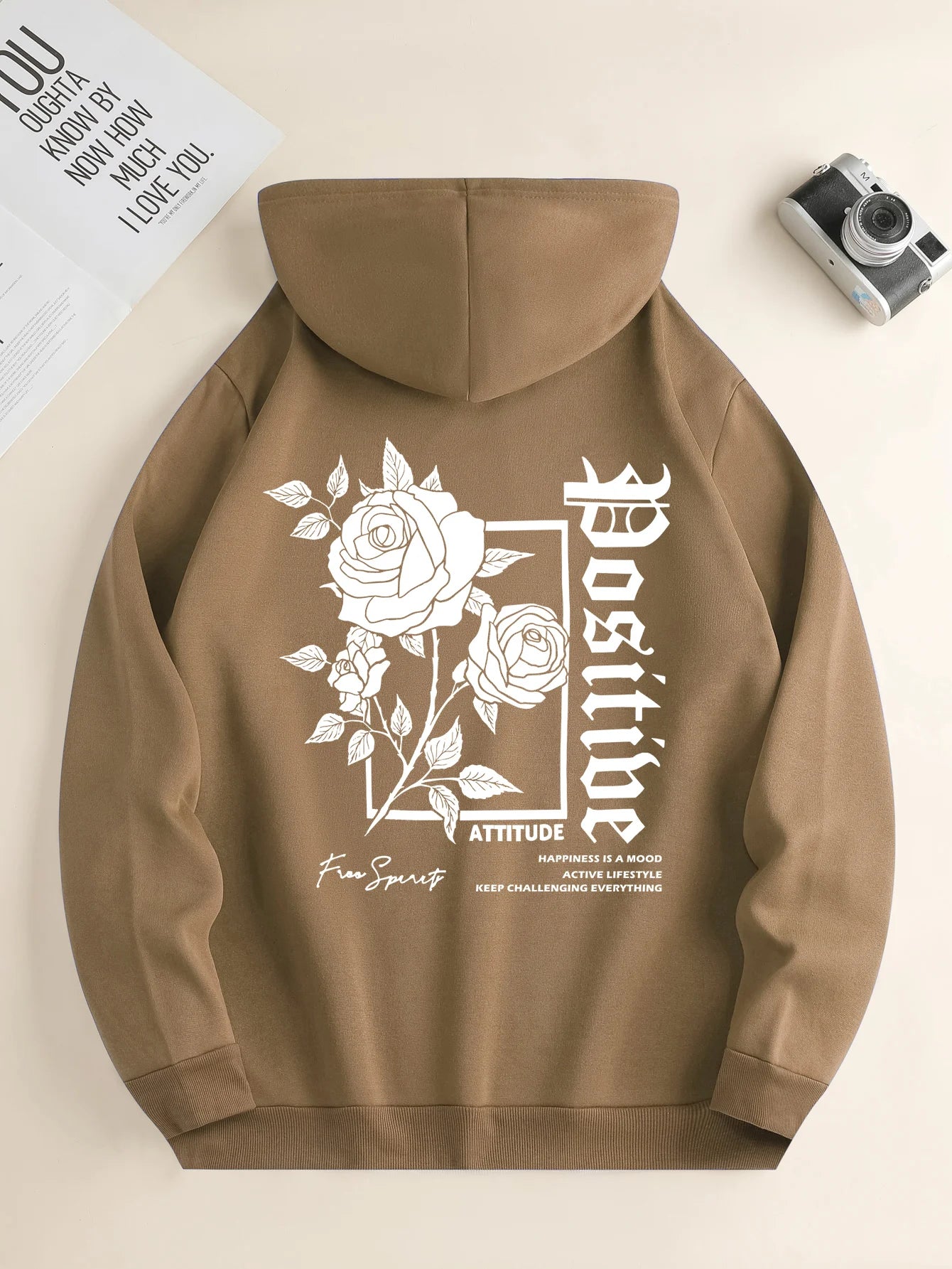 Men's new fashion hoodie, casual daily drawstring hooded sweatshirt, Rose Print, front kangaroo pocket, men's jacket