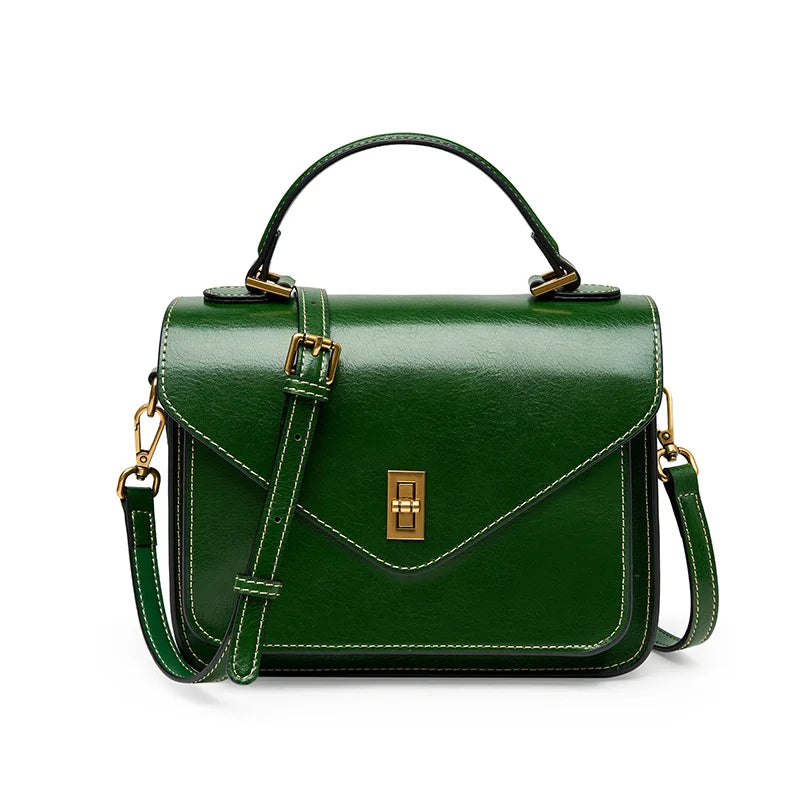 Genuine Leather Women luxury bag high quality Simple vintage Fashion Postman handbags ladies shoulder green small bag