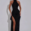 Mozision Sparkle Thigh High Split Sexy Maxi Dress Women Gown Black Half High Collar Sleeveless Backless Bodycon Sexy Long Dress