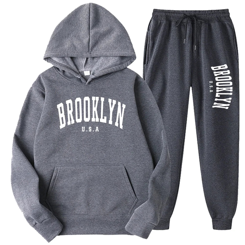 BROOKLYN USA Autumn Winter Popular Mens Tracksuit Zipper Hooded Sweatshirt Suit Casual Warm Jacket Coat+Jogging Sweatpants