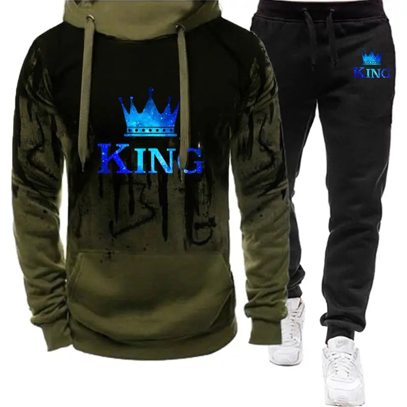 Autumn winter Spring Men's Sports Suit King Printed Tracksuit mens Clothing Hoodie+Sweatpants Fashion 2Pcs Set Jogging