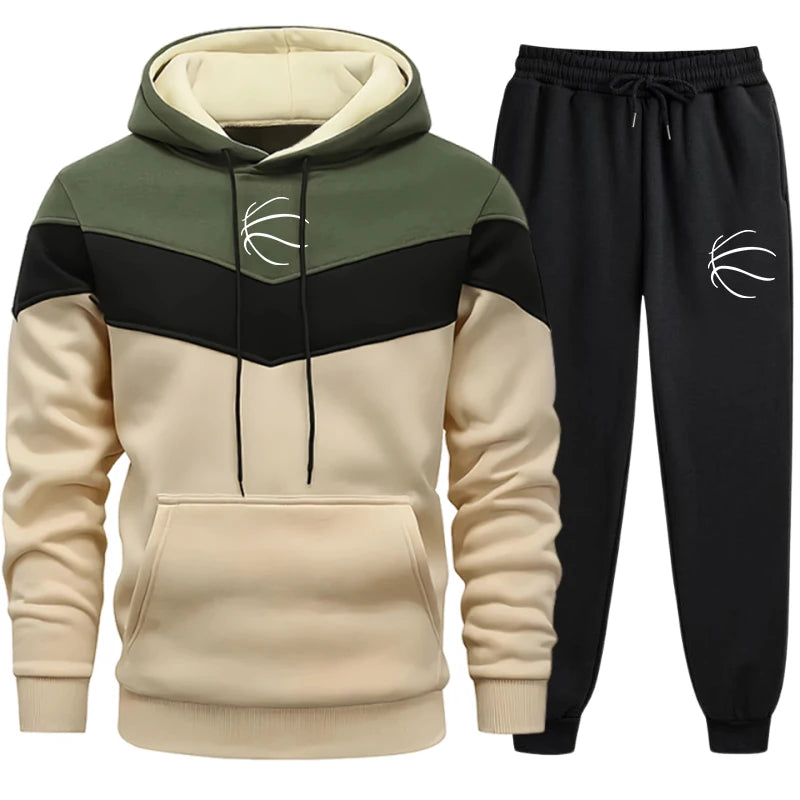 Autumn Winter Trend Mens Tracksuit Tricolor Striped Hoodies and Black Sweatpants High Quality Male Daily Casual Sport Hooded Set