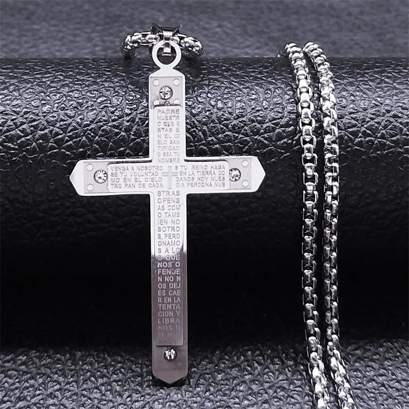 Bible Verse Cross Chain Necklace for Women Men Stainless Steel Spanish Our Father Medal Lord's Prayer Jewelry collier N2037