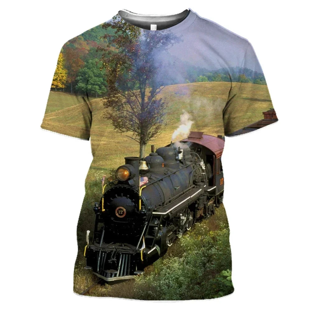 New Vintage Train Pattern 3D Print Summer Men's O-Neck T-shirt Casual Short Sleeve Fashion trend T-shirt Men's Street Clothing