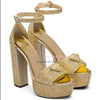 Gold-Tone 135Mm Crystal Embellished Platform Sandals High Heel Glitter Pumps Women High Heels Chunky Heeled Summer Party Shoes