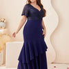 Plus Size V Neck Blue Banquet Prom Short Sleeve Evening Dress 4XL 5XL Big Size Banquet Bridesmaid Shiny Prom Gown