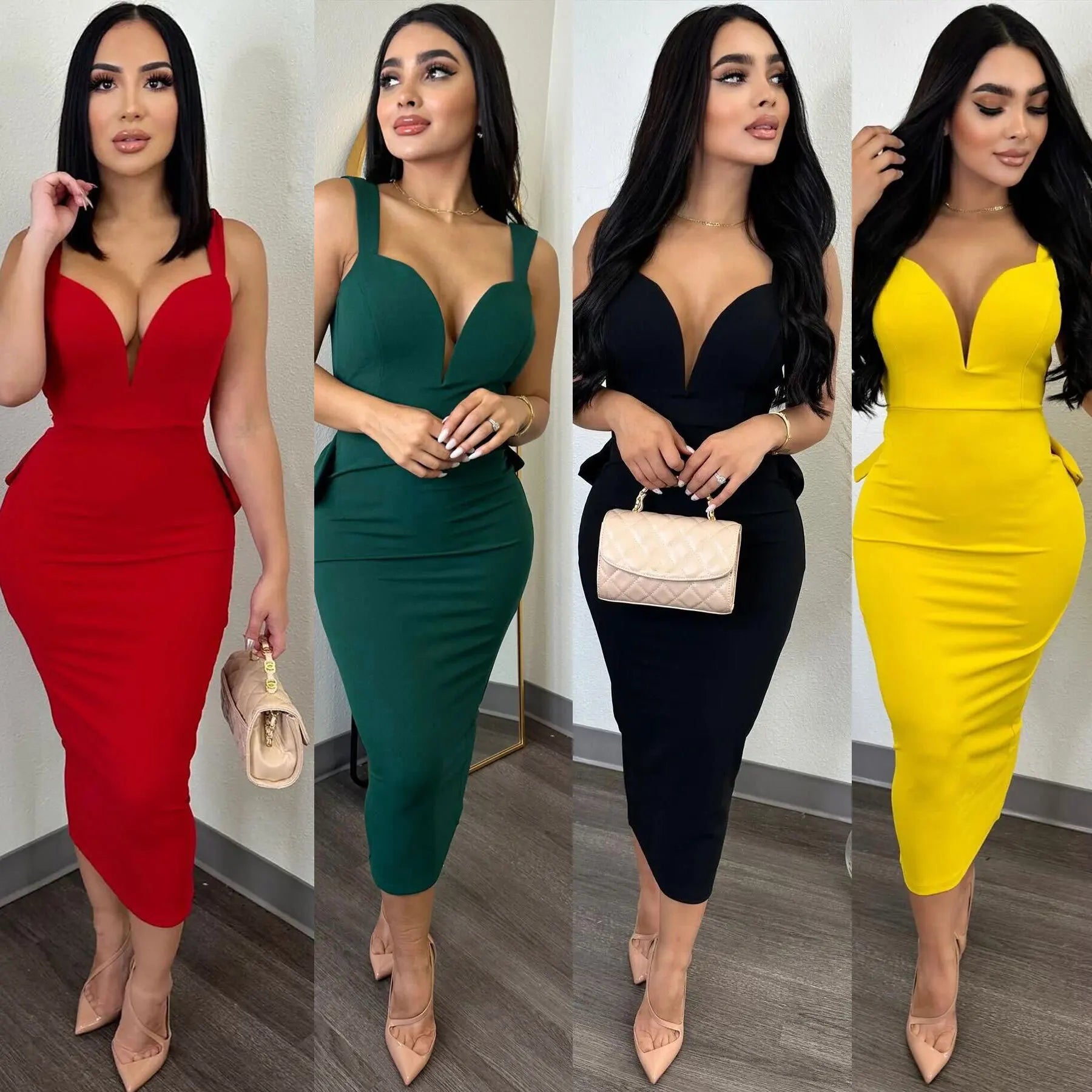 European V Neck Strap Solid Bodycon Dress Summer Casual Female Party Sexy Dresses Vestidos