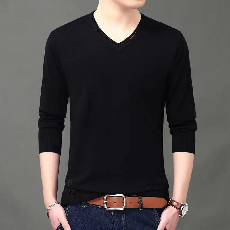 Spring Autumn V-neck Knitted Long Sleeve Male Clothes All-match Casual Men's Social Shirt  2023 Top Men T Shirt