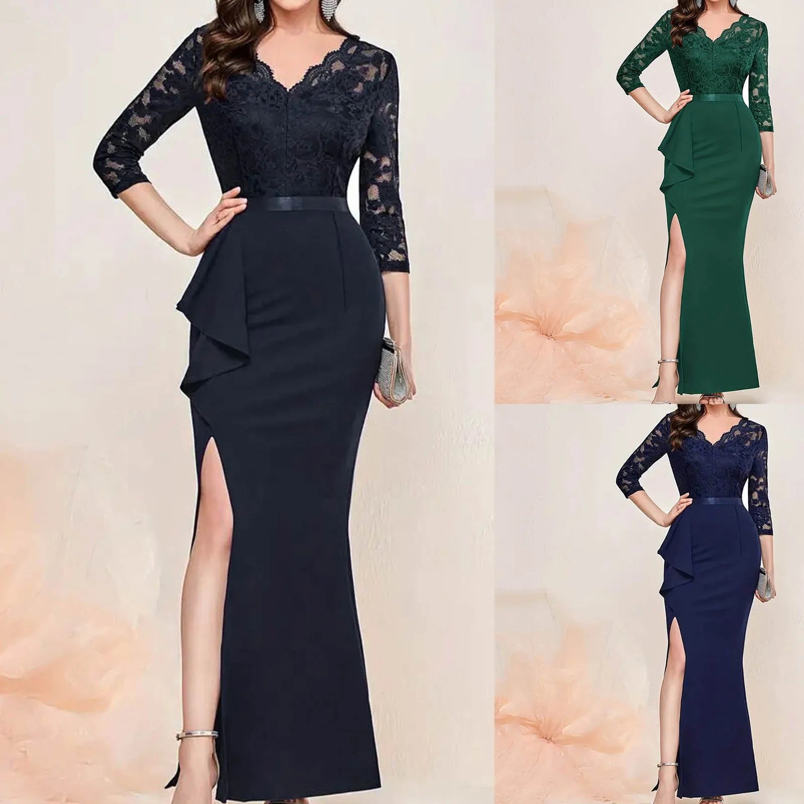 Women's Vintage Floral Lace Formal Dress Half Sleeve Evening Formal Dresses For Women High Waist Ruffles Wedding Guest Dress