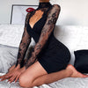 Women's Sexy Dresses 2023 Spring Turtleneck Hollow Lace Patchwork Bodycon Slim Dress Ladies Long Sleeve Party Club Mini Dress