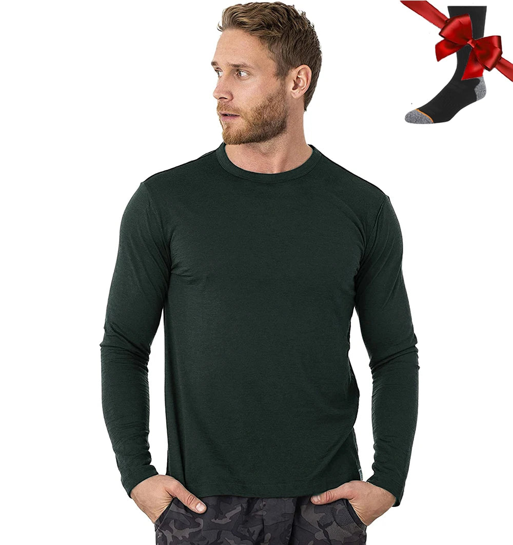 100% Merino Wool Base Layer Men Merino Wool Long Sleeve 240G Midweight Thermal Underwear Wicking Breathable Top + Hiking Socks