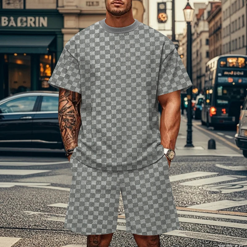 Jacquard PJlaid Short Sleeve T-shirt Fashion Sports Set Breathable T-shirt + Shorts Sports Two-piece Set