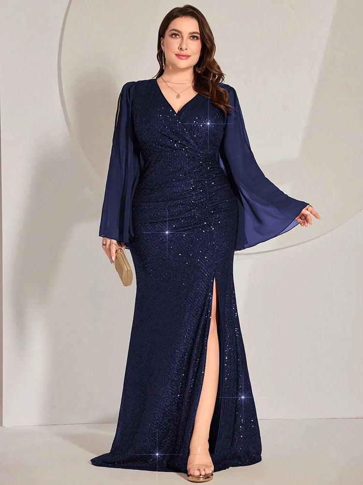 TOLEEN 2024 Plus Size Luxury Elegant Formal Party Evening Dresses Glittering Sequin Patchwork Trumpet Sleeve Slit Mermaid Dress