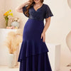 Plus Size V Neck Blue Banquet Prom Short Sleeve Evening Dress 4XL 5XL Big Size Banquet Bridesmaid Shiny Prom Gown