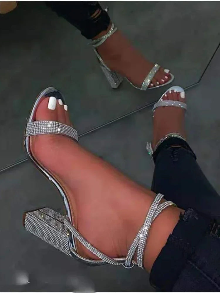 New Summer Party Dress Shoes Women Rhinestone Heel Sandals Sexy Transparent High Heels Sandals Female Ladies Pumps Plus Size 44