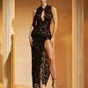 Fantoye Sexy Hollow Out High Slit Lace Women Maxi Dress Black See Through Evening Dress Female Autumn New Elegant Party Clubwear