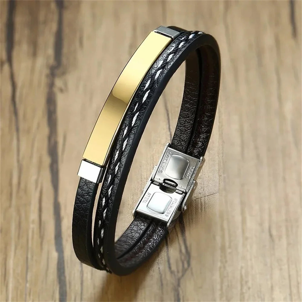 2024 Trendy Men Leatherwear Weave Bracelet Leisure Color Contrast Stainless Steel Bangle