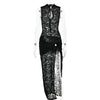 Fantoye Sexy Hollow Out High Slit Lace Women Maxi Dress Black See Through Evening Dress Female Autumn New Elegant Party Clubwear