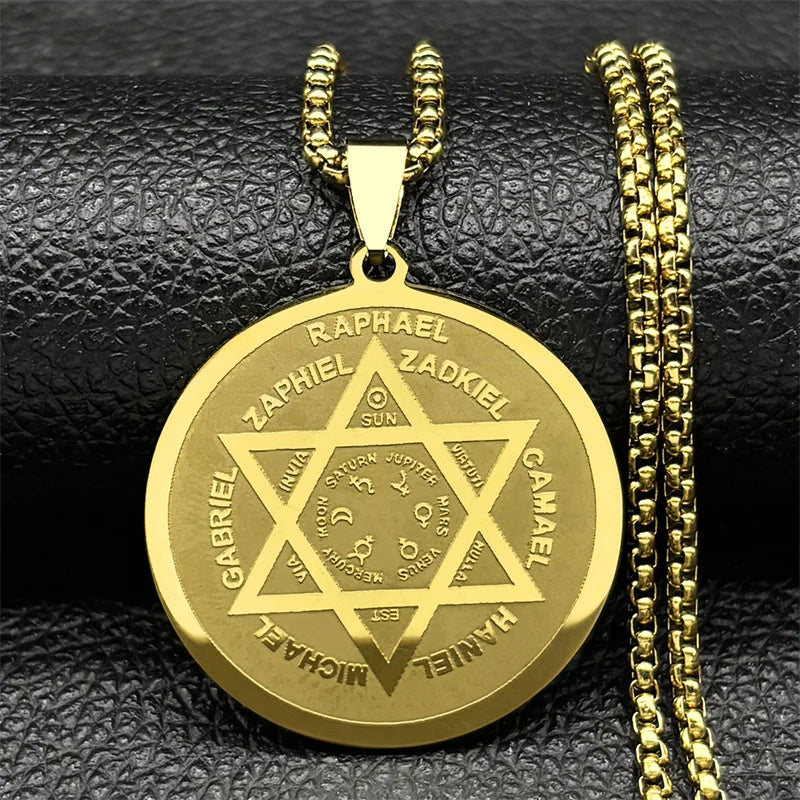 Stainless Steel 7 Archangels Pendant Necklace Women Men Gold Color Hip Hop Planet Sun Moon David Star Religious Jewelry Gift