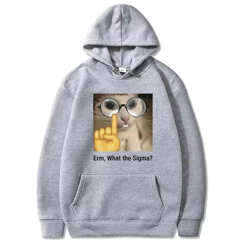 Erm, What Sigma? Funny Meme Sport Hoodie for Men Women Silly Cat Humor Printed Fashion Tops Fleece Sweatshirt Winter Hoodie