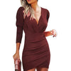 2020 Trendy Waist-Fitted Slimming Solid Color V-Neck Long Sleeve Tight Dress Ethnic Style Nightclub Dress For Women