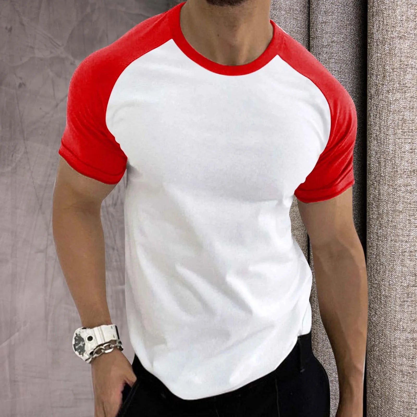 Mens Sports T-Shirts Trendy Color Contrast Raglan Sleeves Tees Round Neck Short Sleeve T-Shirt Casual Retro Comfort Sportswear