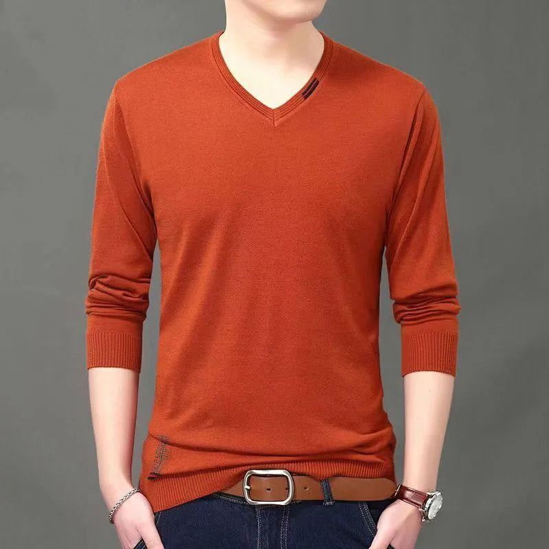 Spring Autumn V-neck Knitted Long Sleeve Male Clothes All-match Casual Men's Social Shirt  2023 Top Men T Shirt