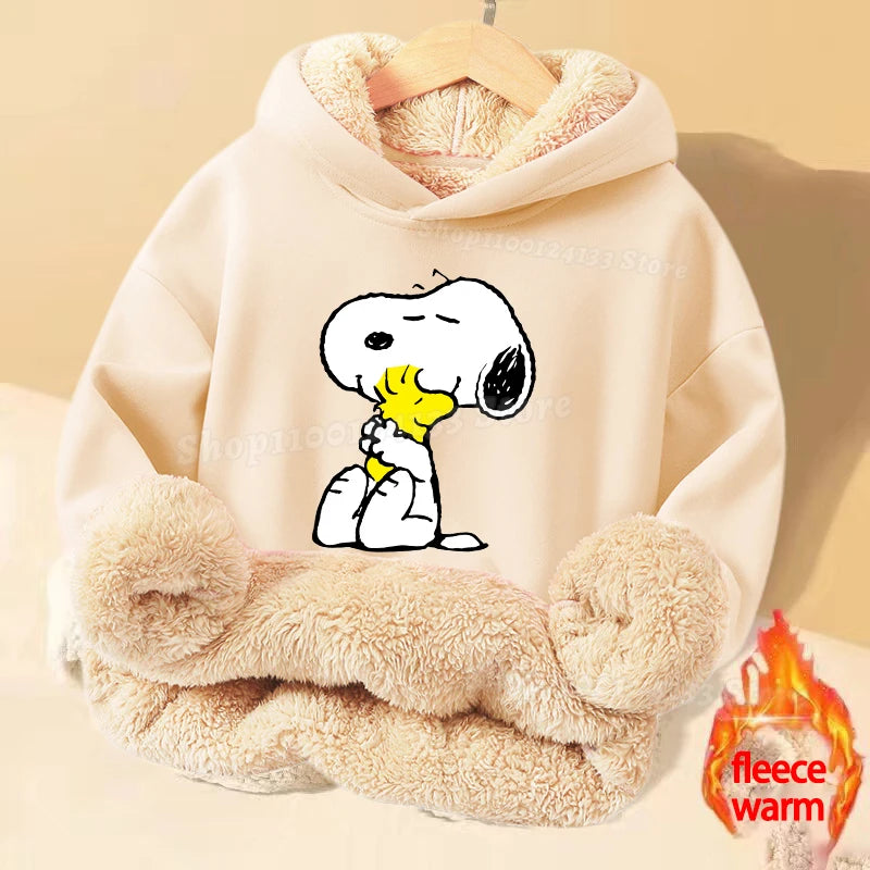 Snoopys Baby Sweatshirt Thickened Fleece Girl Hoodie Cartoon Clothes Long Sleeve Winter Warm Cashmere Hoodie Tops Jacket Kid New