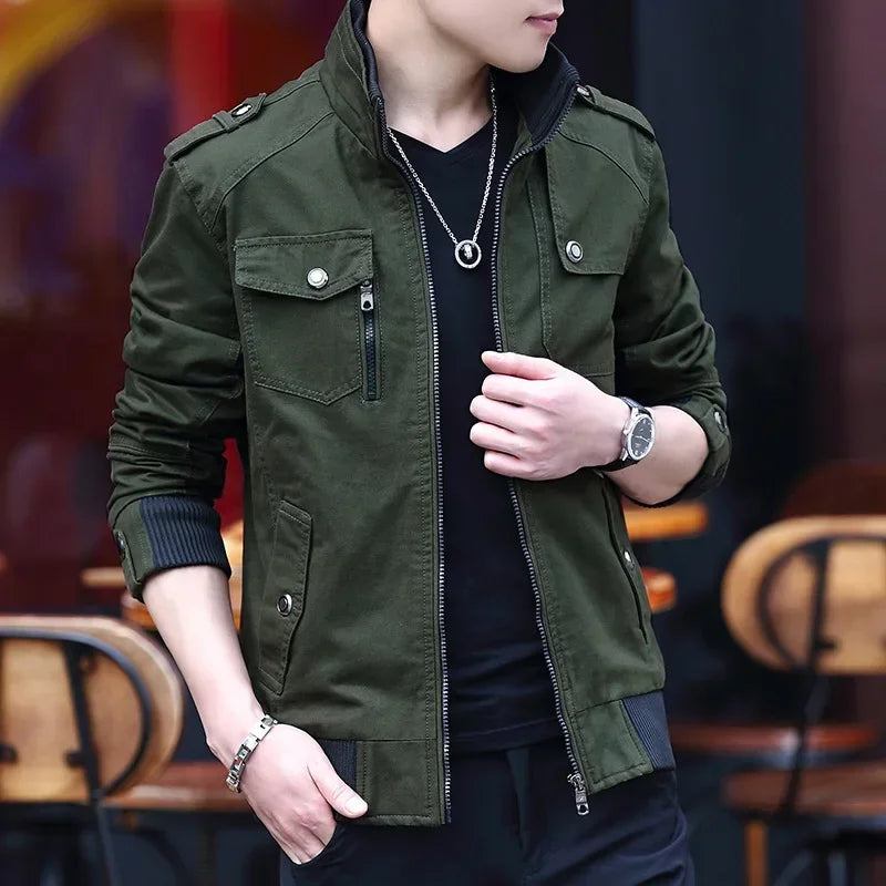 Thin Men's Jacket Korean Style Fashion Stand Collar Spring Autumn Cargo Jacket Coat