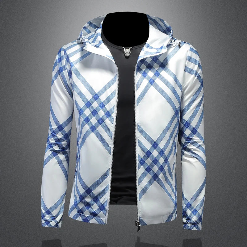 Minglu Spring Autumn Plaid Allover Printed Men's Jackets Luxury Hood Zipper Casual Male Coats Fashion Man Overcoat Plus Size 5XL