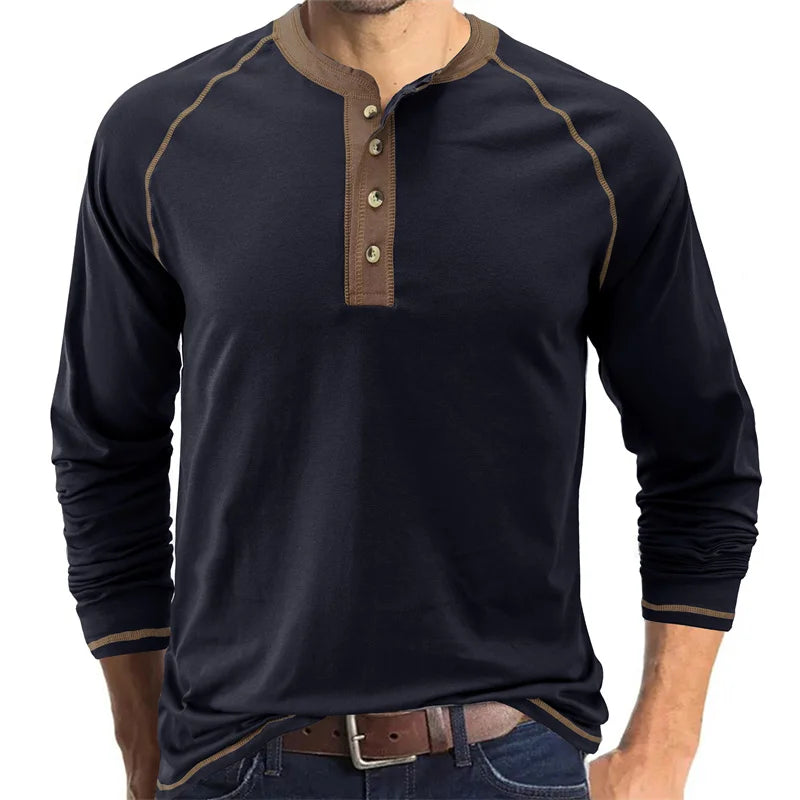 Men's Henley Collar Long Sleeved T-shirts Solid Casual Top Single Breasted Pocket TShirt Soft Comfy Bottoming Shirt for Autumn