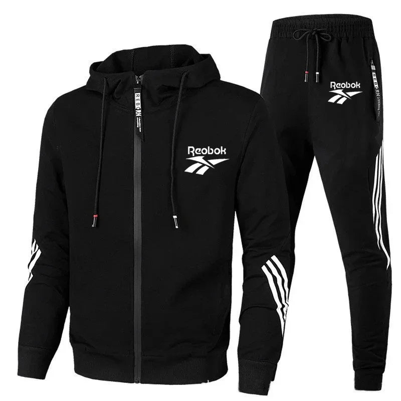 Striped hooded zipper jacket + casual jogging pants 2 sets of sports