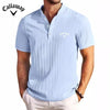 New High-end Embroidered Cotton and Linen Striped Henry Shirt for Men's Summer Casual Fashion Comfortable Breathable T-shirt Top