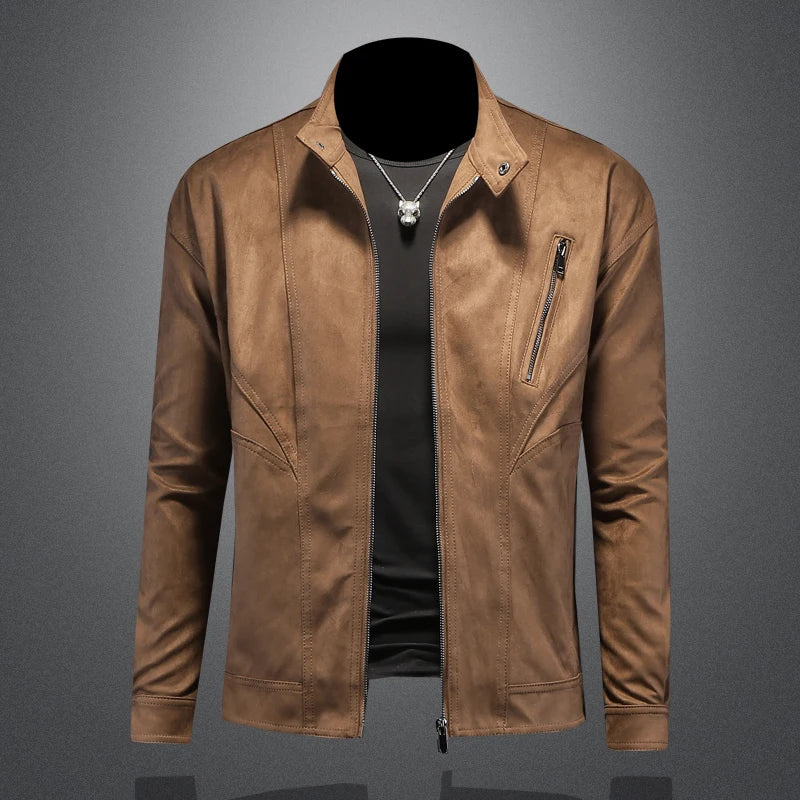 Minglu Faux Leather Stand Collar Men's Jackets Luxury Long Sleeve Solid Color Casual Male Coats Spring Autumn Man Overcoat 4XL