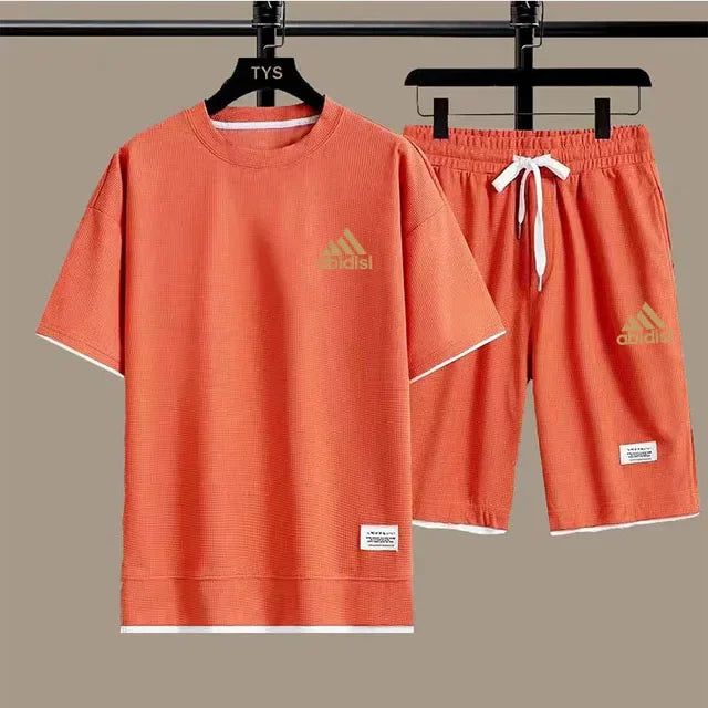 Summer Suit For Men Waffle Fabric Fashion Casual Clothing T-Shirt + Shorts Two Piece Set Male Sports Suit Short Sleeve Tracksuit