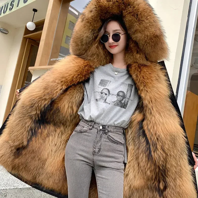 Winter Warm Coat Fox Fur Jacket 2023 New Hooded Black Imitation Fur Woman Parkas Mulher Parkas Women's Jacket Red Fur Coats