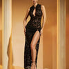 Fantoye Sexy Hollow Out High Slit Lace Women Maxi Dress Black See Through Evening Dress Female Autumn New Elegant Party Clubwear