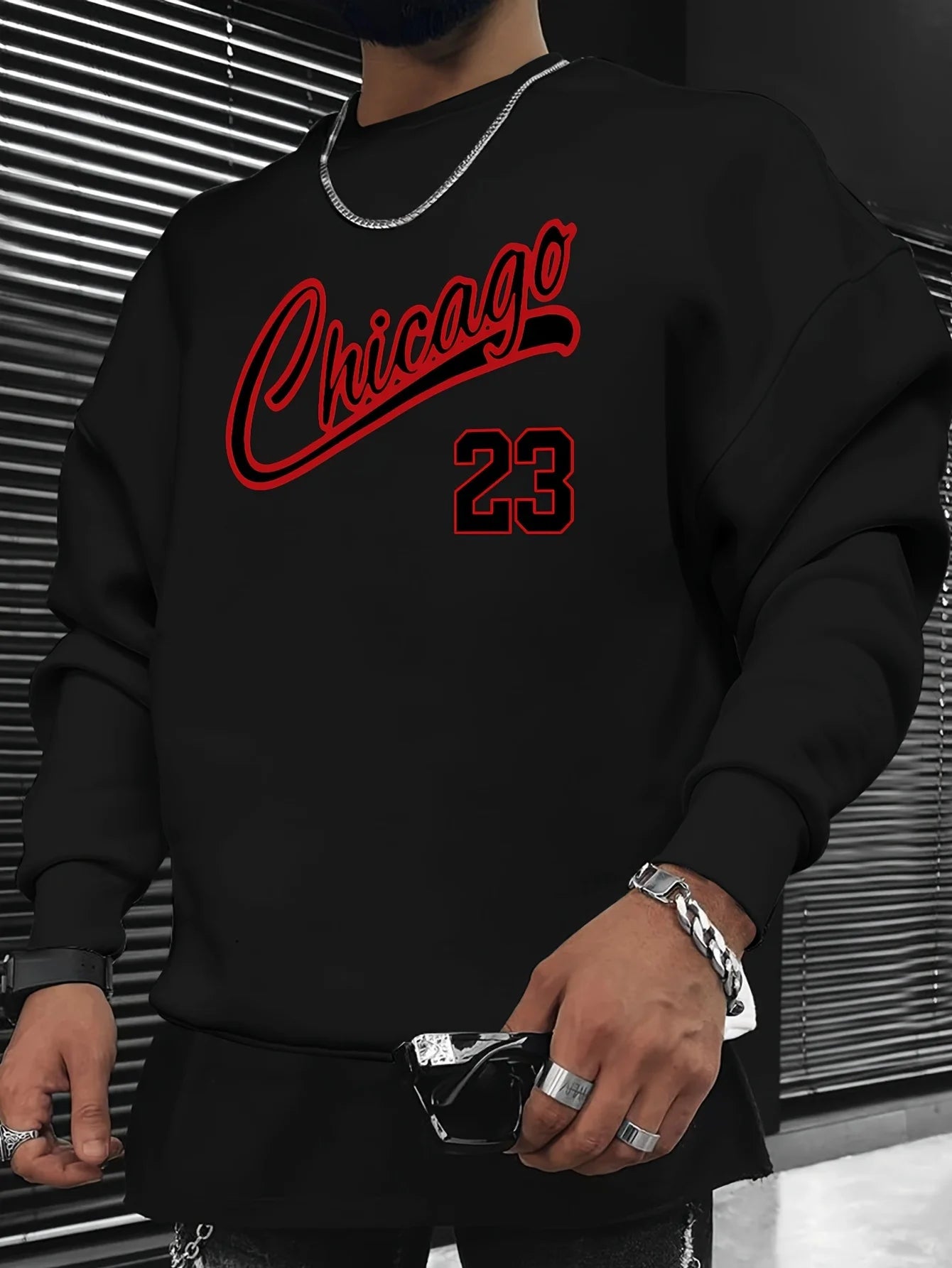 Chicago Print Men's Pullover Sweatshirt Casual Streetwear Fashion Long-sleeved Crew Neck Sweater A Basic Top for Sports Everyday