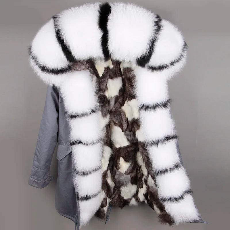 MAOMAOKONG Winter Women Real Fur Coat Fox Fur Liner Warm Jacket With Natural Fur Collar Silver Fox Big Collar Long Parkas