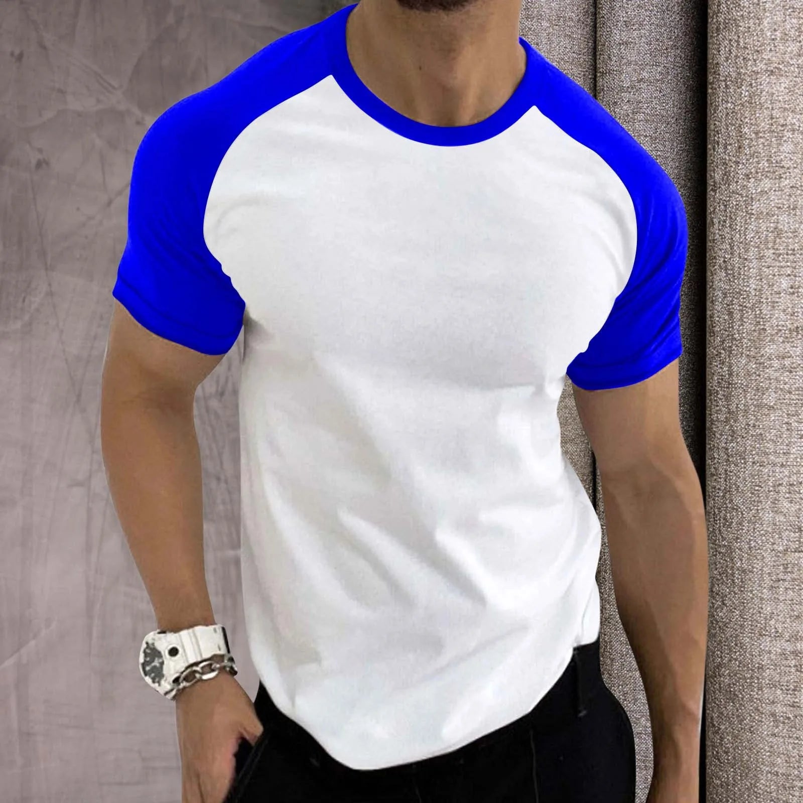 Mens Sports T-Shirts Trendy Color Contrast Raglan Sleeves Tees Round Neck Short Sleeve T-Shirt Casual Retro Comfort Sportswear