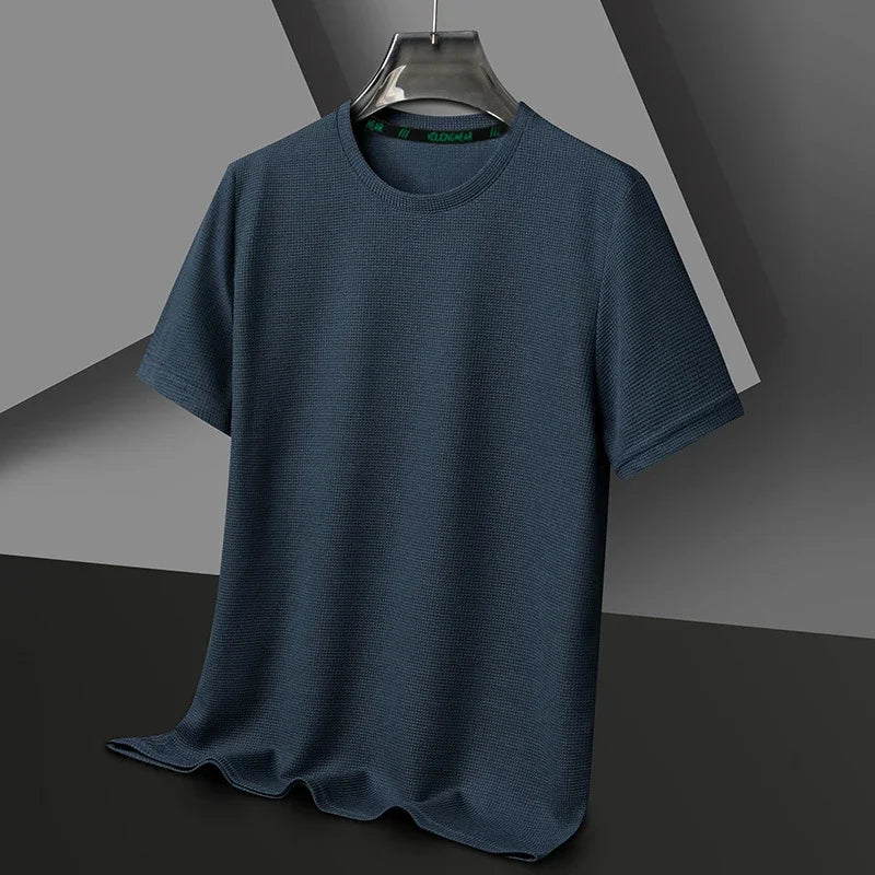 Summer O Neck Short Sleeve t-Shirts For Men Casual Waffle t-Shirt Mens Breathable Soild Tops Fashion t Shirt Tee Man Clothing