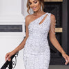 One Shoulder Cutout Allover Sequin Party Dress Women Sleeveless High Waist Evening Mini Dress Slim Sequined Solid Color