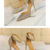 Women Shallow Mouth Pointed Toe Hollow High Heels Sandals Wedding Champagne Gold Pumps Crystal Glitter Rhinestone Sandals