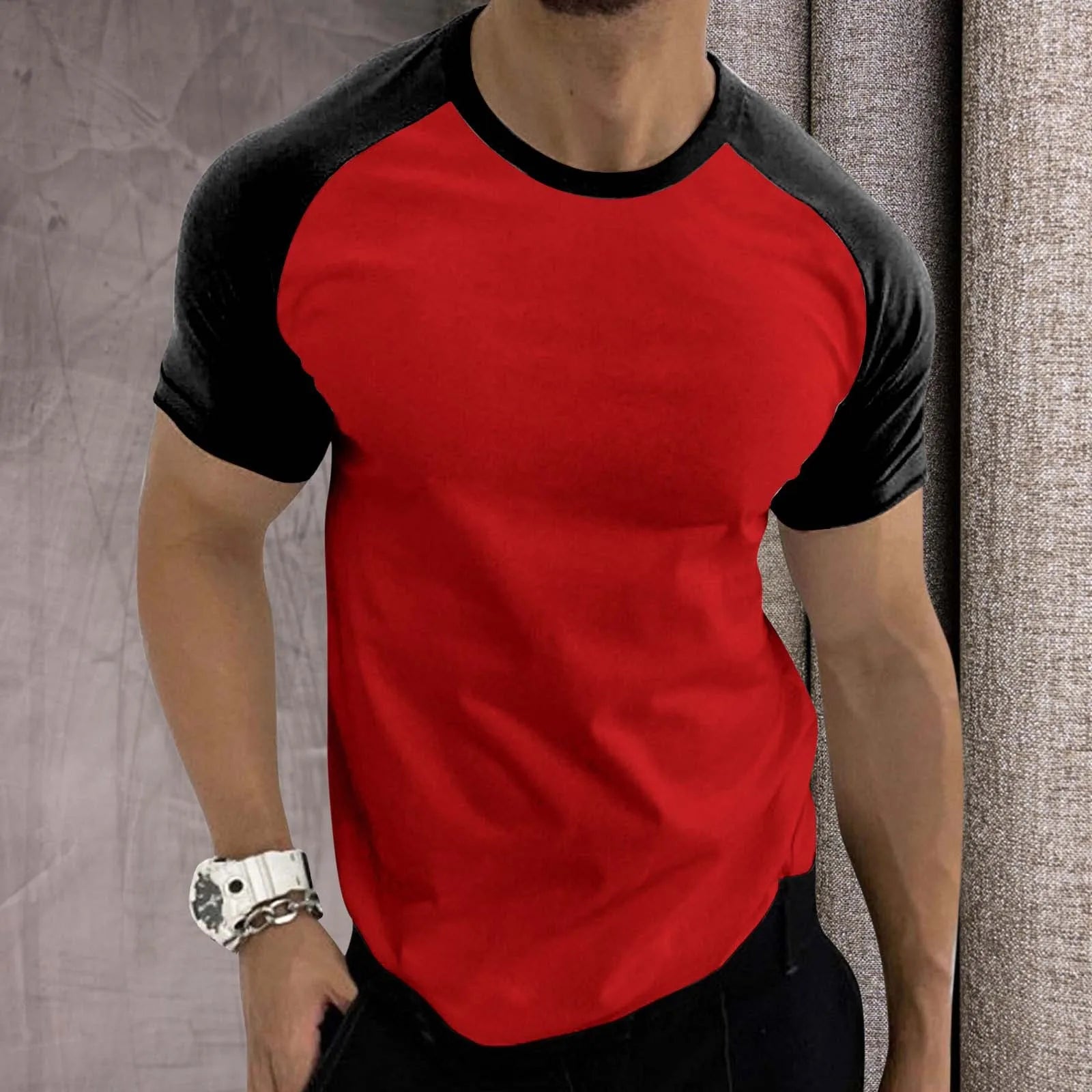 Mens Sports T-Shirts Trendy Color Contrast Raglan Sleeves Tees Round Neck Short Sleeve T-Shirt Casual Retro Comfort Sportswear