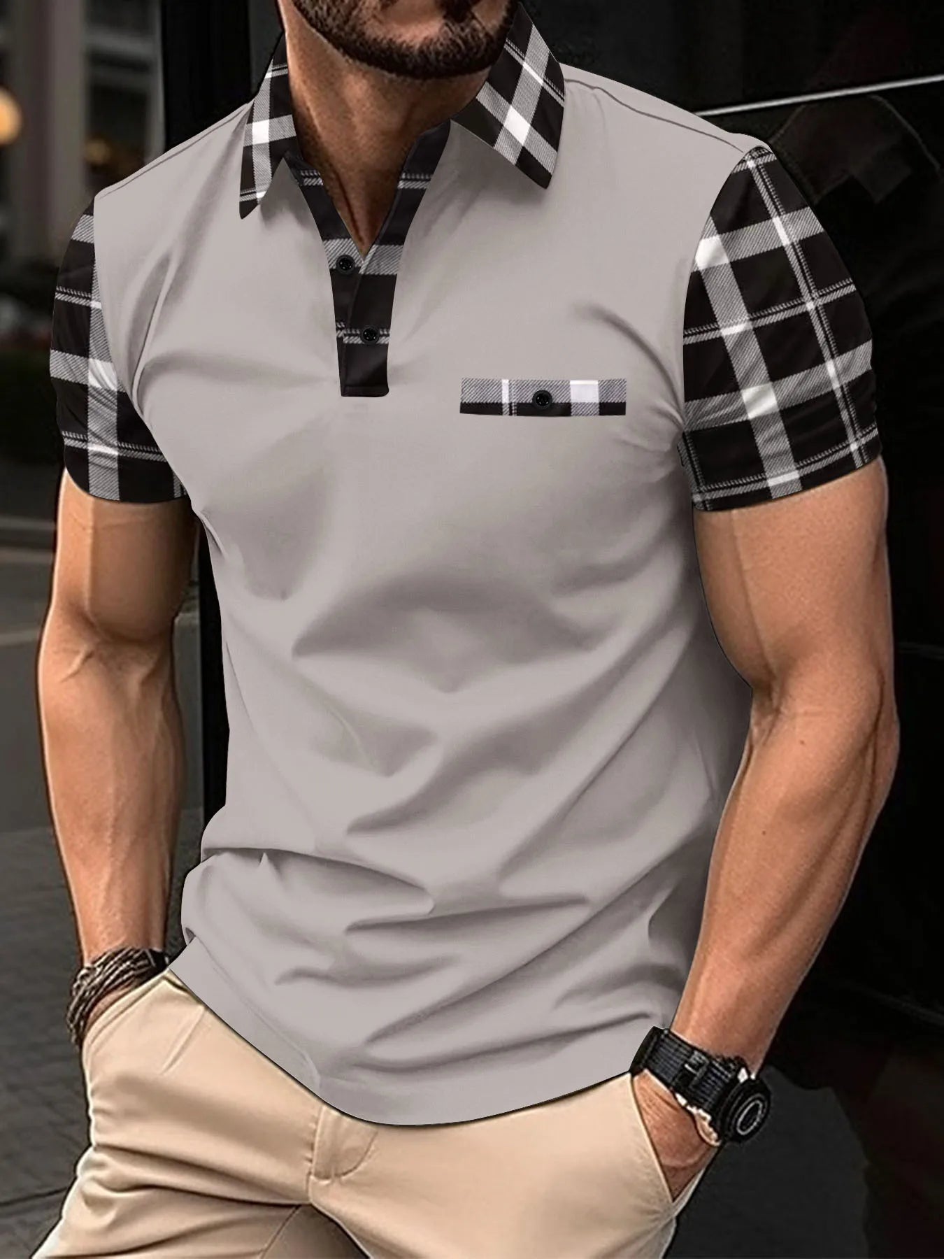 Men's short-sleeved polo shirtl T-shirt men's sports casual loose fashion men's striped white top