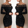 Elegance, Leisure, Sexy Long sleeved Lace Edge, One Shoulder Silver Powder Sprinkled Dress